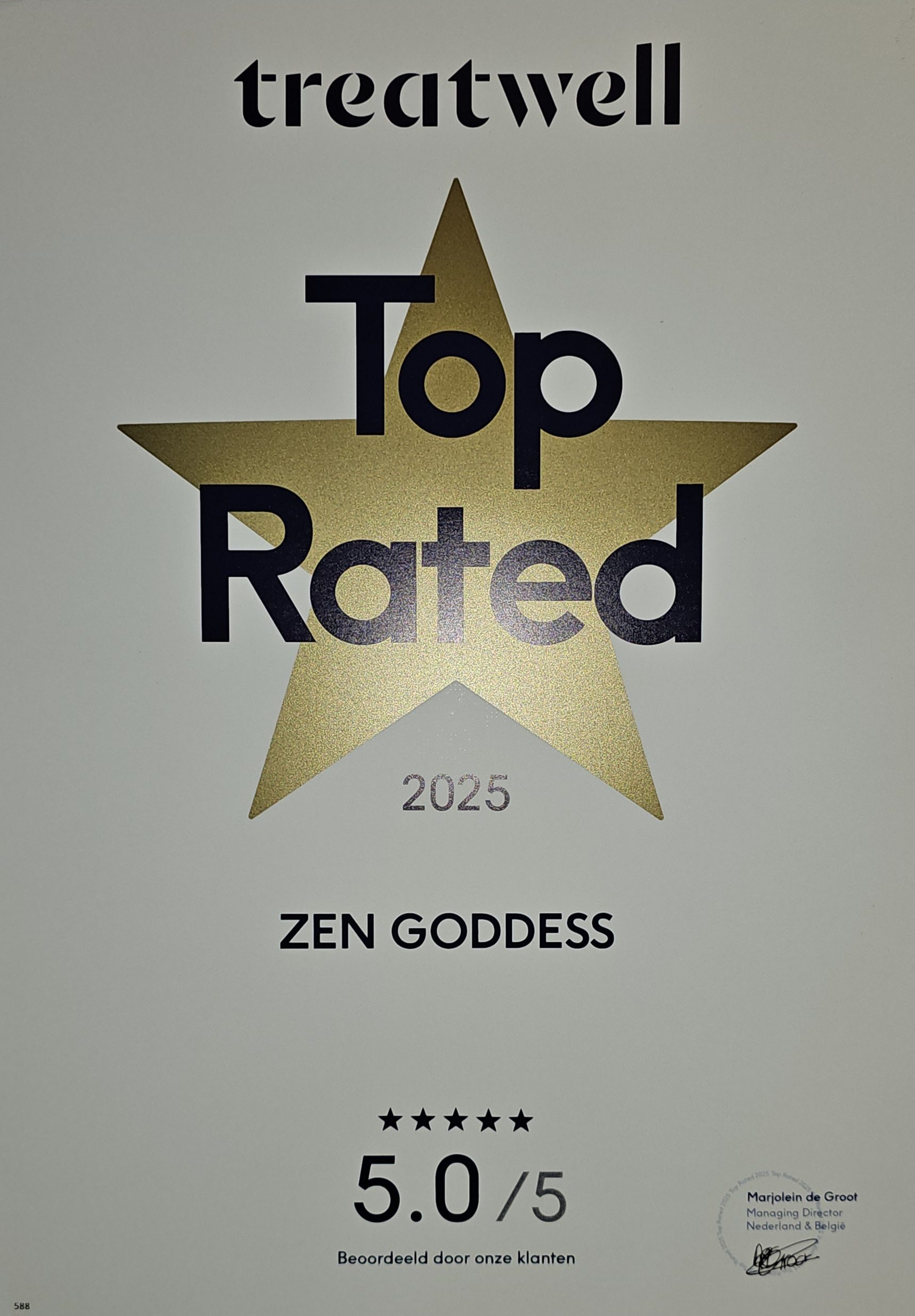 Het Treatwell Top Rated 2025 certificaat op naam van Zen Goddess